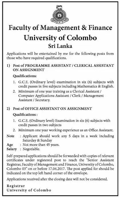 Programme Assistant / Clerical Assistant / Office Assistant – University of Colombo