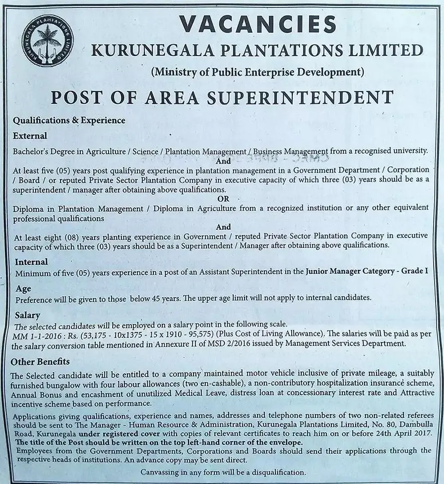 Area Superintendent Vacancies in Kurunegala Plantations