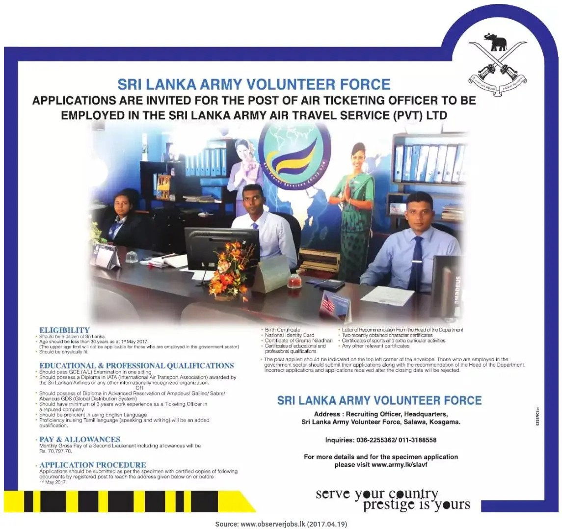 Air Ticketing Officer Vacancies in Sri Lanka Army Volunteer Force