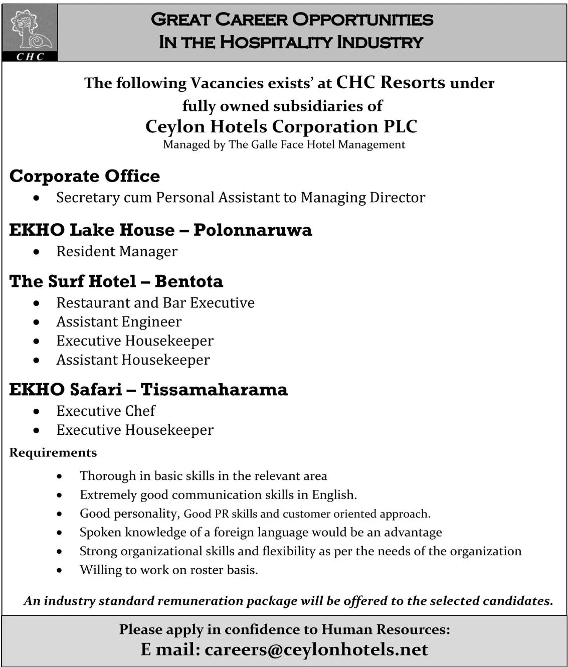 Ceylon Hotels Corporation PLC Vacancies