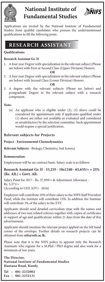 Research Assistant Vacancies in National Institute of Fundamental Studies