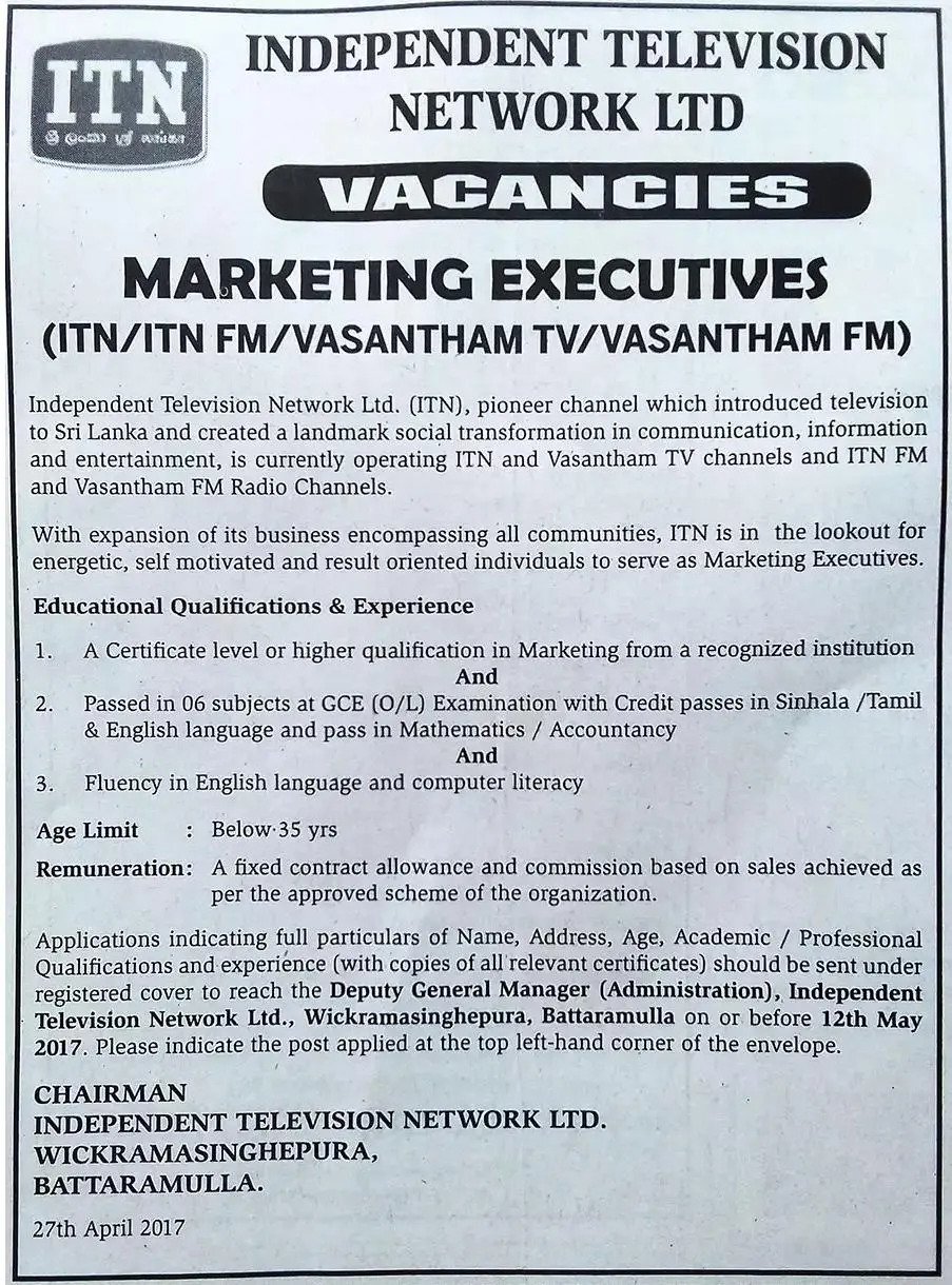 Marketing Executive Vacancy in Independent Television Network Ltd (ITN)