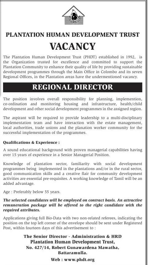 Regional Director Vacancy in Plantation Human Development Trust
