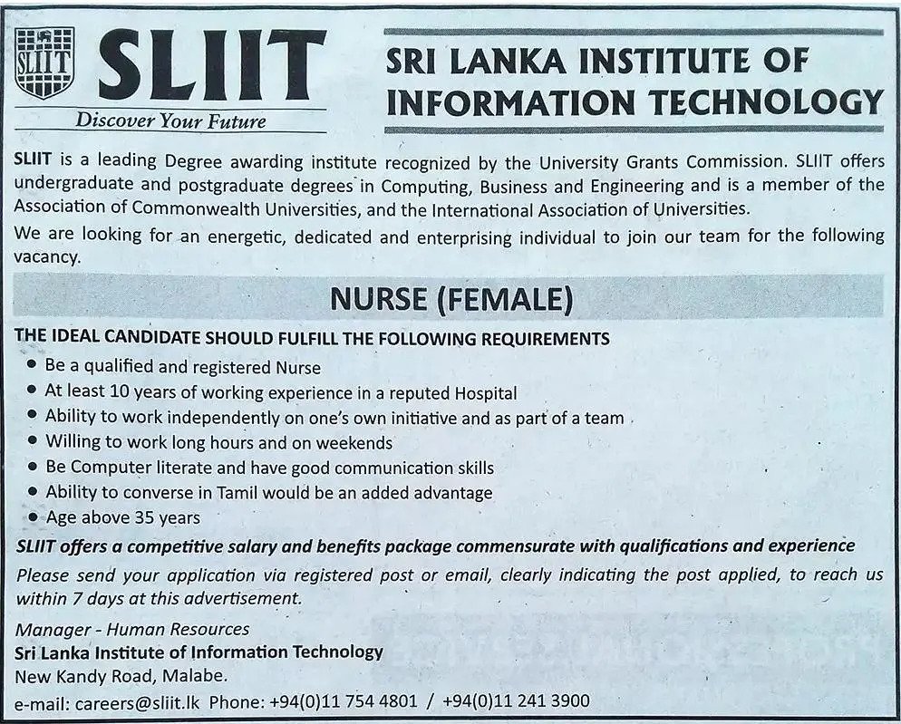 SLIIT Medical Officer Nurse Jobs Vacancy