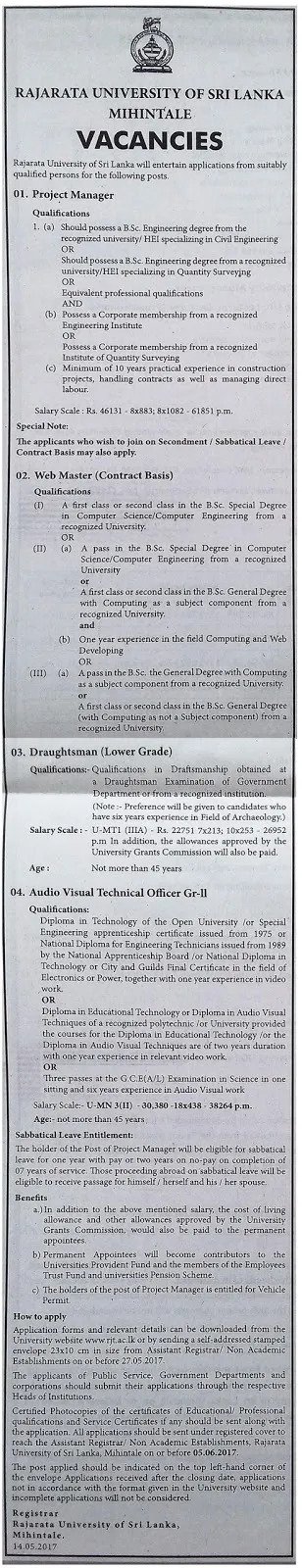 Non Academic Vacancies - Rajarata University Mihintale