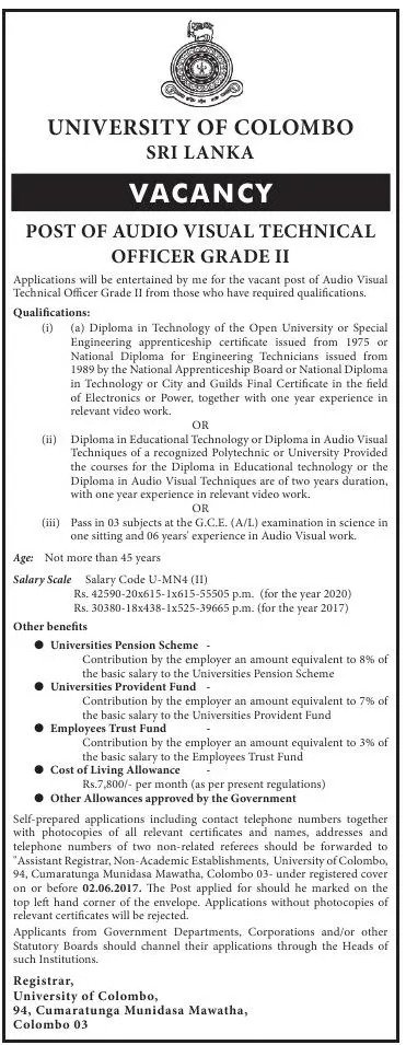 Audio Visual Technical Officer Vacancy at University of Colombo