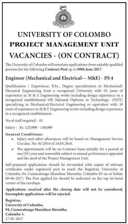 Engineer (Mechanical & Electrical) Vacancy in University of Colombo