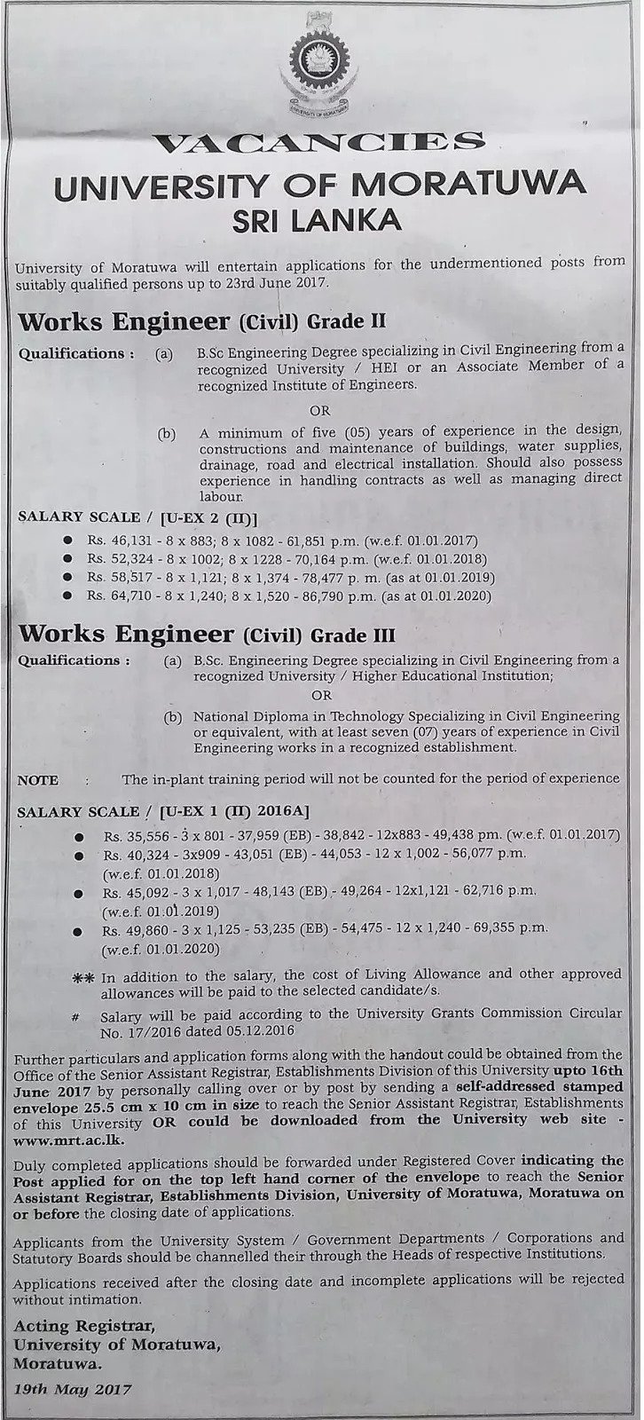 Works Engineer (Civil) Vacancy in University of Moratuwa
