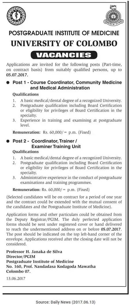 Course Coordinator / Coordinator Vacancies in University of Colombo