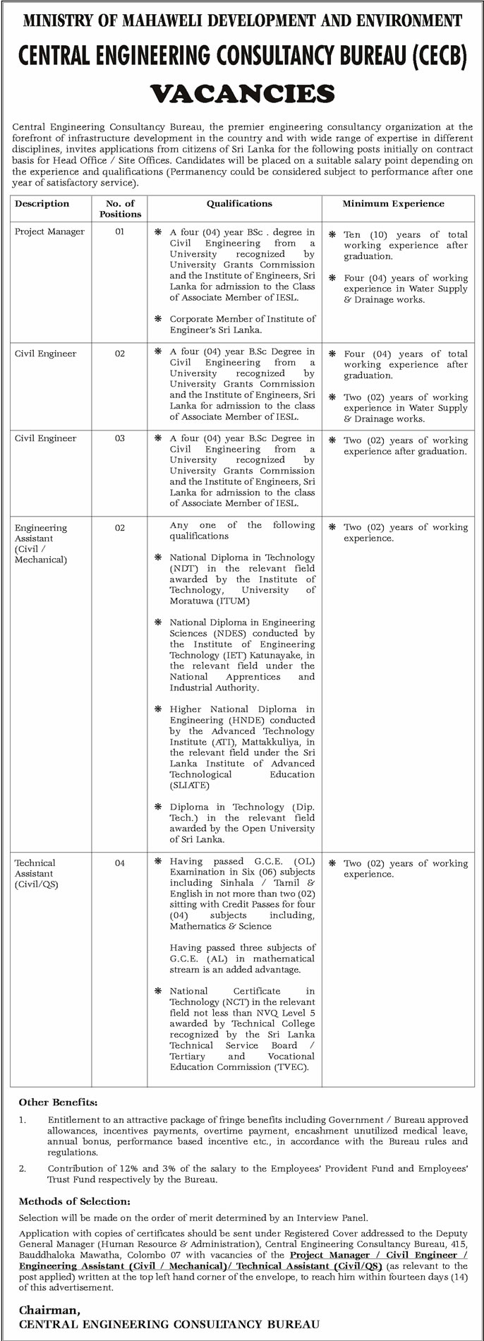 Engineering Assistant / Technical Assistant Vacancies in CECB