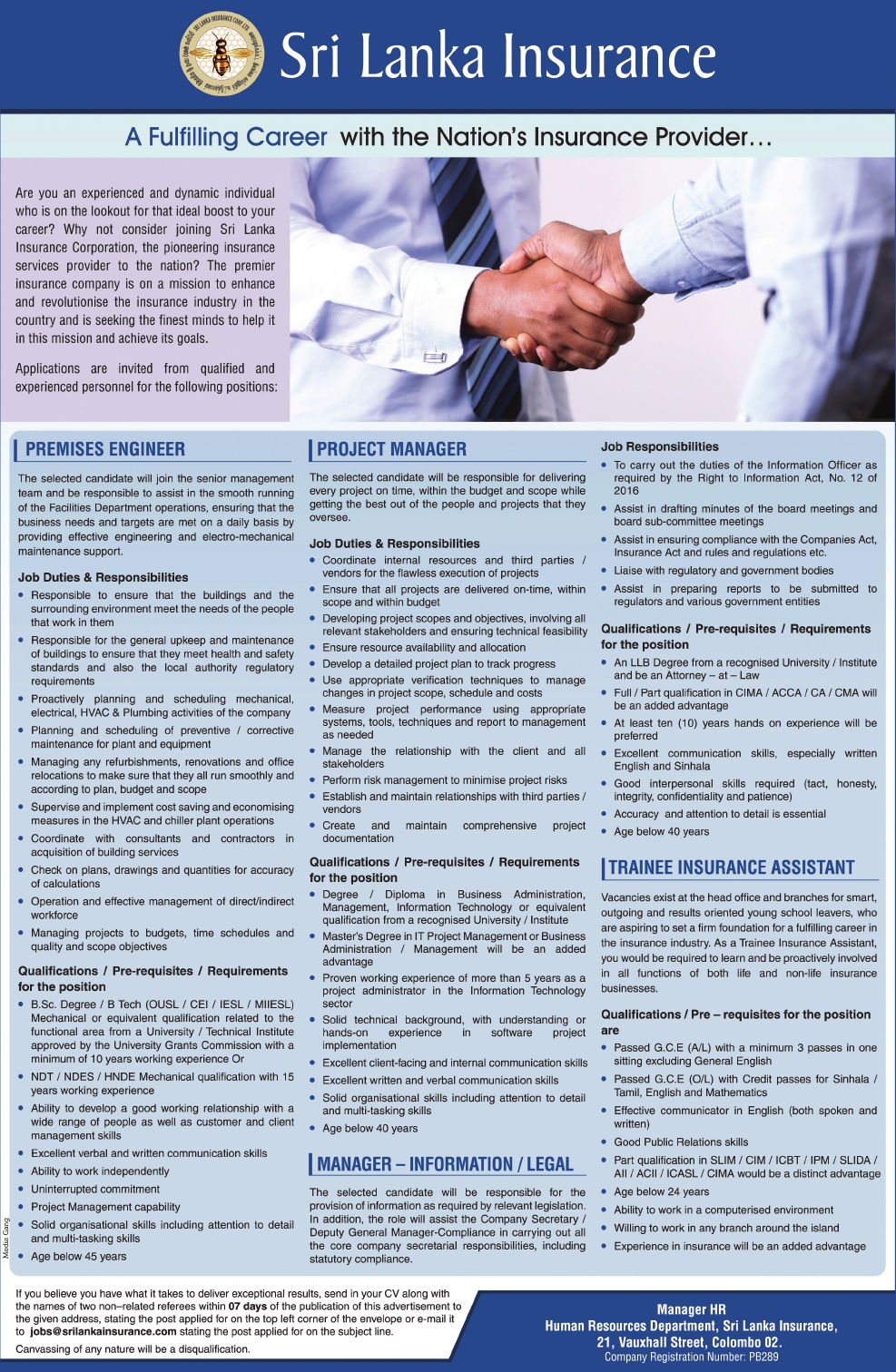 Premises Engineer / Trainee Insurance Assistant - Sri Lanka Insurance