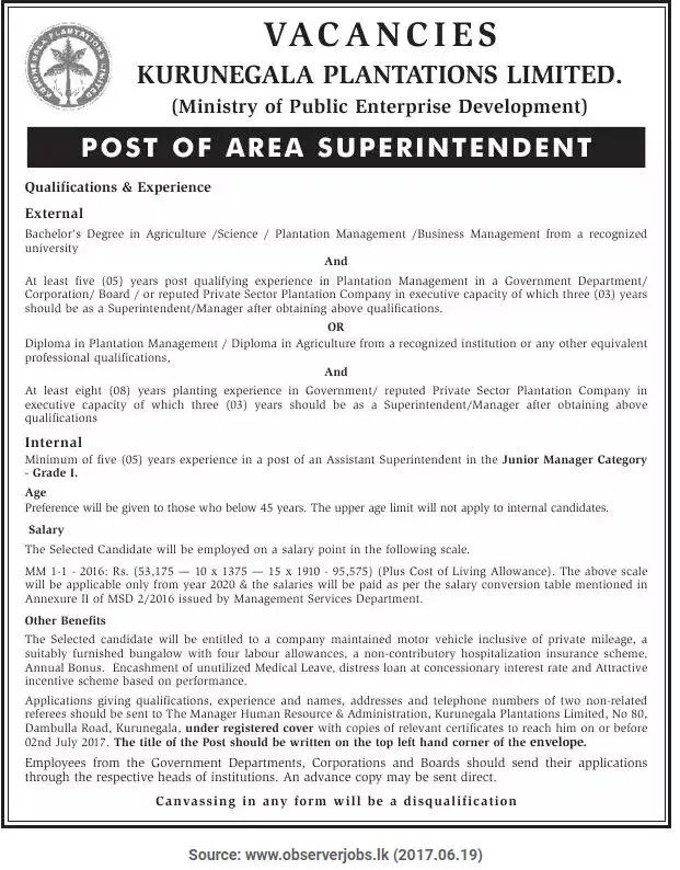 Area Superintendent Vacancy in Kurunegala Plantation Ltd