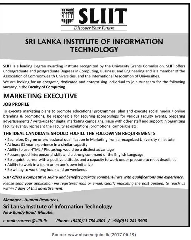 Marketing Executive Vacancy in SLIIT