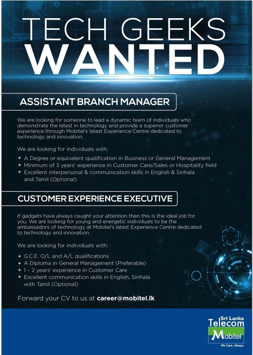 Mobitel Customer Experience Executive Branch Manager Vacancies
