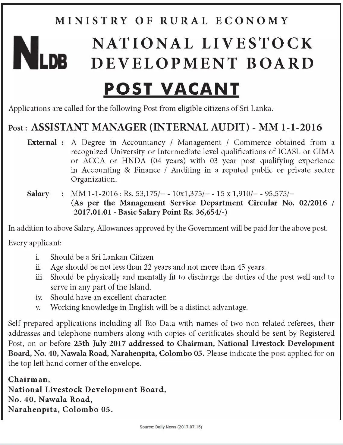 Assistant Manager (Internal Audit) - National Livestock Development Board