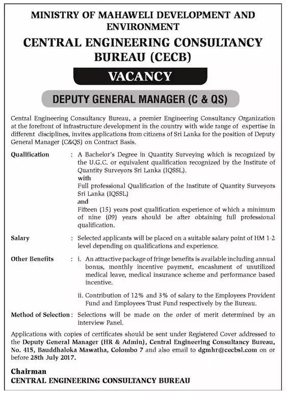 Deputy General Manager – Central Engineering Consultancy Bureau