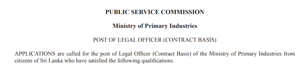 Legal Officer (Contract Basis) – Ministry of Primary Industries