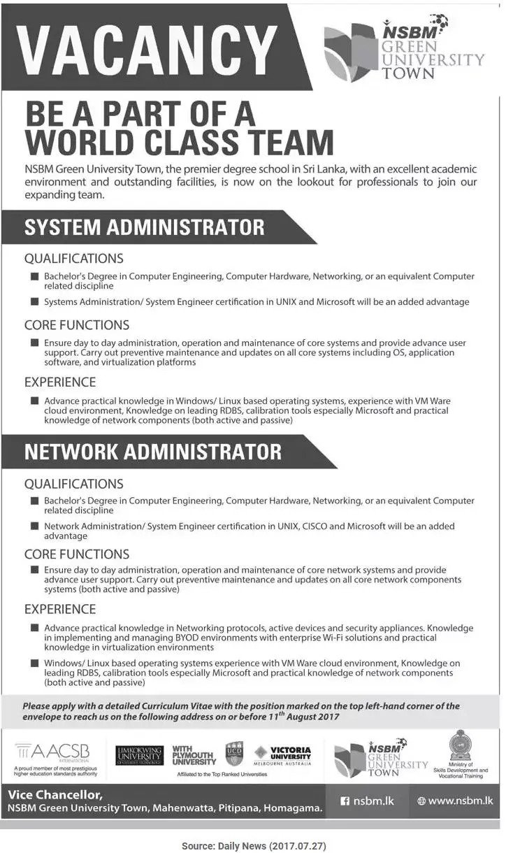 System Administrator / Network Administrator – National School of Business Management