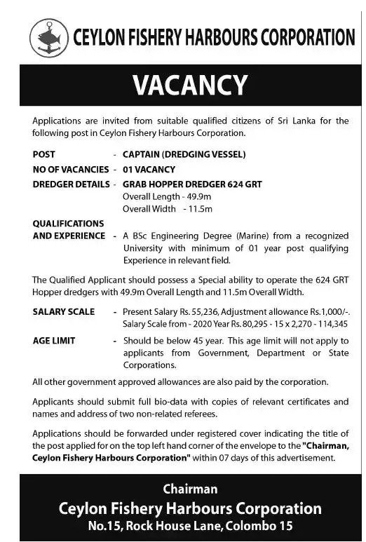 Captain (Dredging Vessel) – Ceylon Fishery Harbours Corporation
