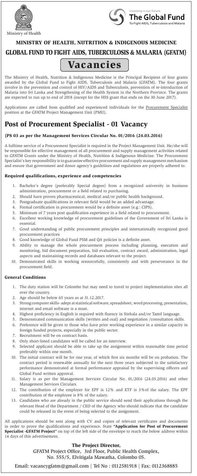 Procurement Specialist - Ministry of Health Nutrition & Indigenous Medicine
