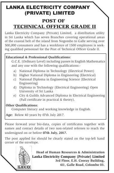 Technical Officer Vacancy at Lanka Electricity Company