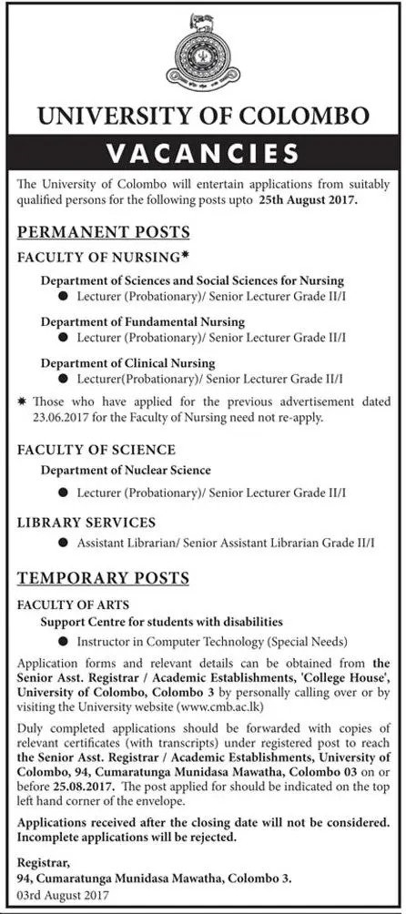 Permanent Vacancies in University of Colombo