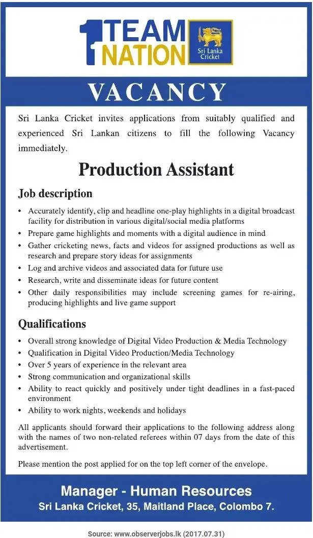 Production Assistant Vacancy at Sri Lanka Cricket