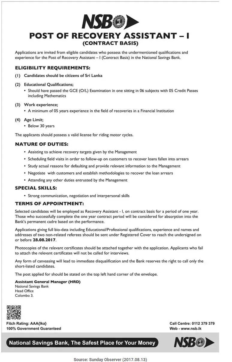 Recovery Assistant Vacancy in NSB Bank
