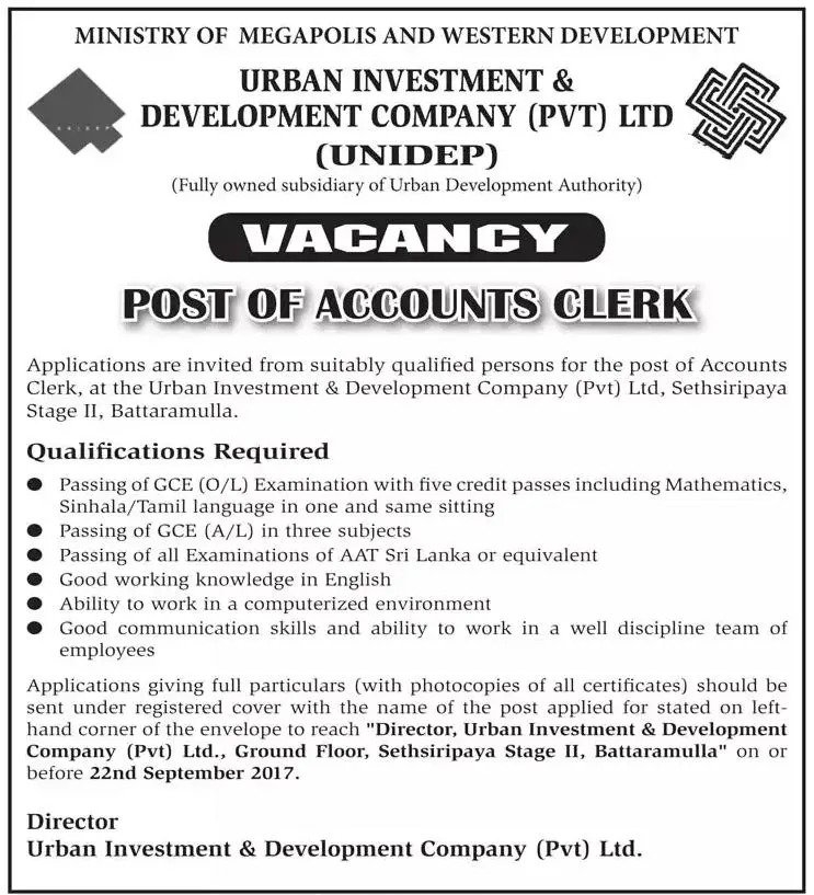 Accounts Clerk – Urban Investment & Development Company