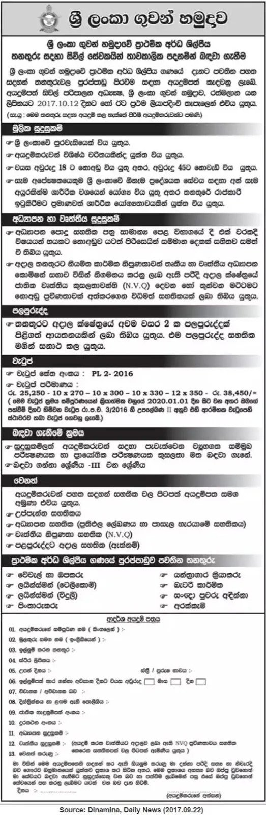 Civil Employees for Primary Semi Skilled Posts - Sri Lanka Air Force