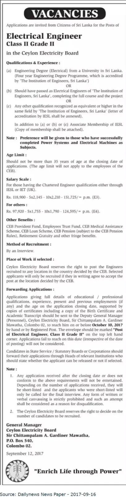 Electrical Engineer Vacancy in Ceylon Electricity Board(CEB)