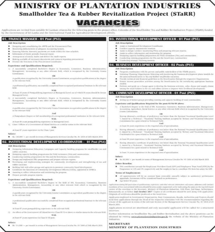 Vacancies in Ministry of Plantation Industries