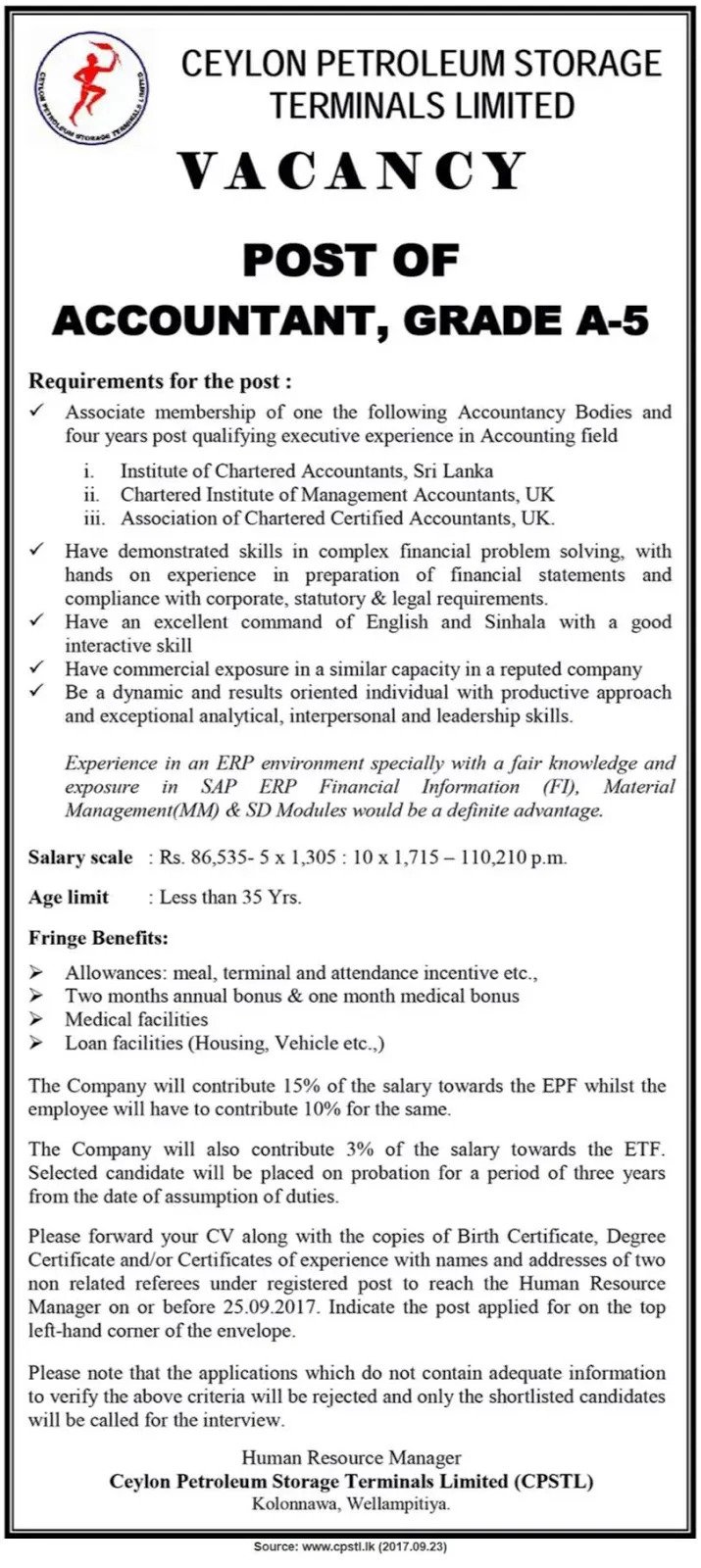 Accountant – Ceylon Petroleum Storage Terminals Ltd