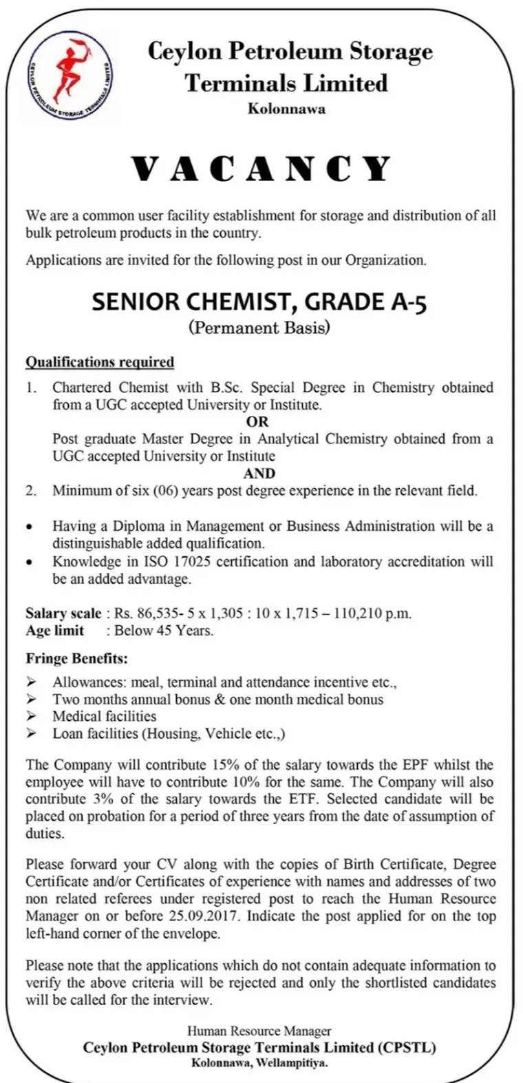Chemist – Ceylon Petroleum Storage Terminals Ltd