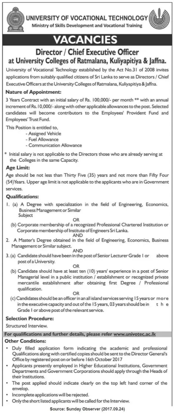 Director / Chief Executive Officer Vacancies University of Vocational Technology