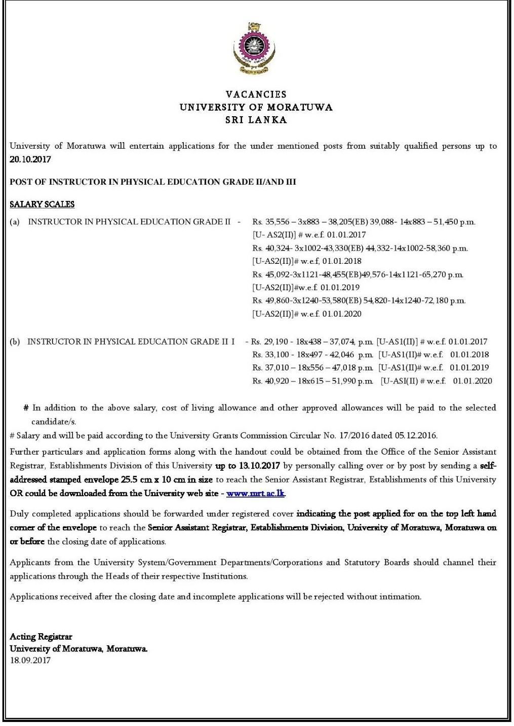 Instructor in Physical Education vacancy in University of Moratuwa