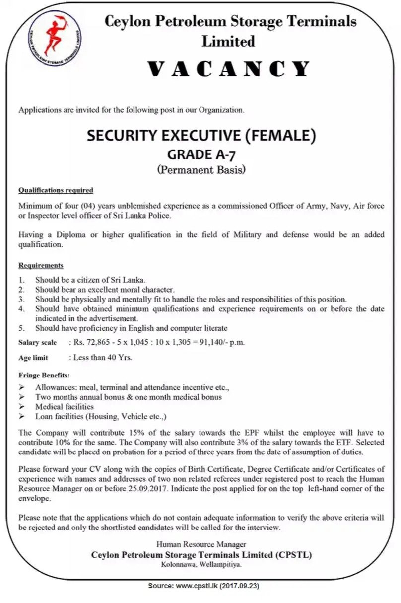 Security Executive (Female) – Ceylon Petroleum Storage Terminal