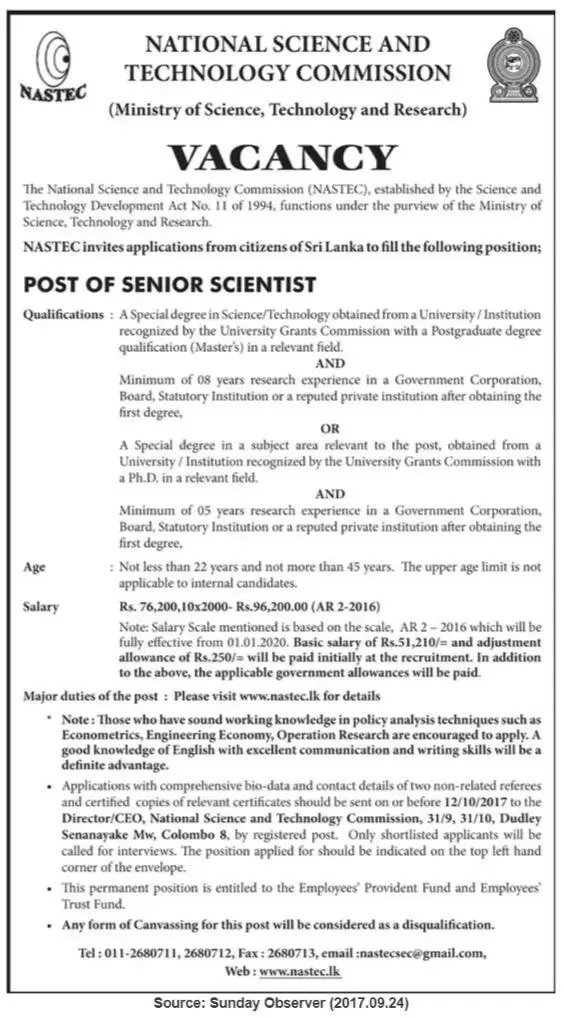 Senior Scientist – National Science & Technology Commission
