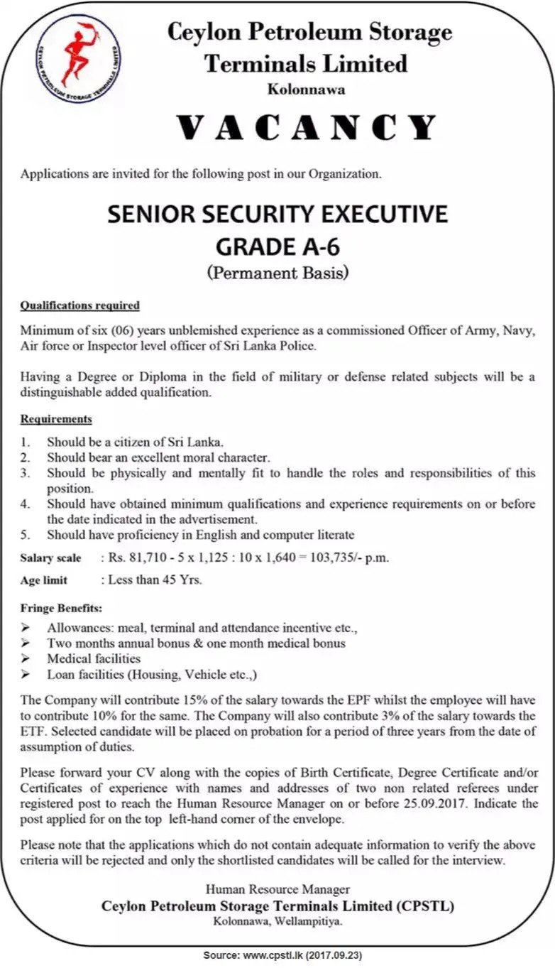 Senior Security Executive – Ceylon Petroleum Storage Terminals Ltd