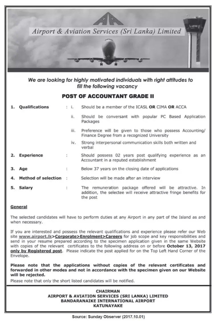 Accountant Vacancy in Airport & Aviation Services (Sri Lanka) Ltd