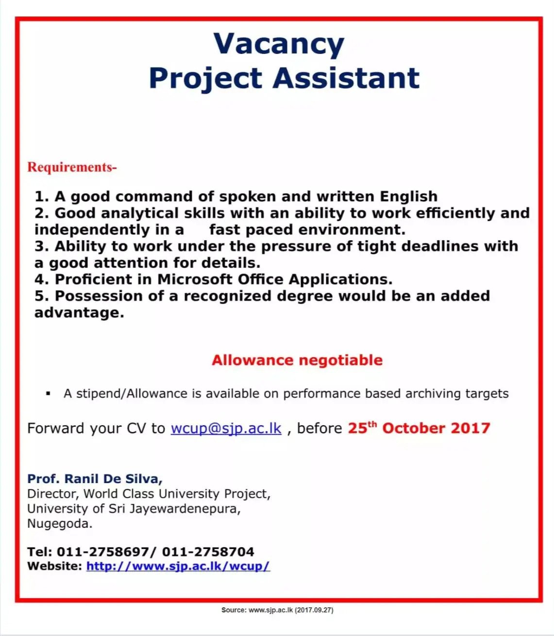 Project Assistant Vacancies in University of Sri Jayewardenepura