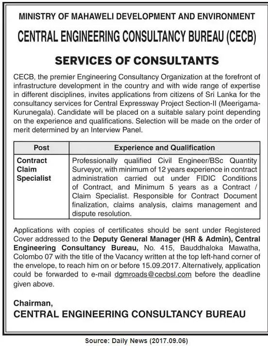 Contract Claim Specialist Vacancy at CECB