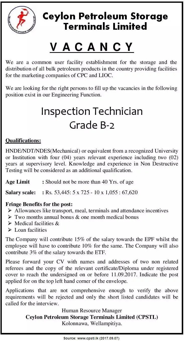 Inspection Technician – Ceylon Petroleum Storage Terminals Limited