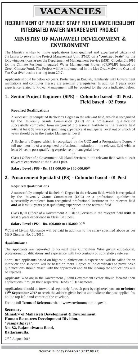 Project Vacancies in Ministry of Mahaweli Development & Environment
