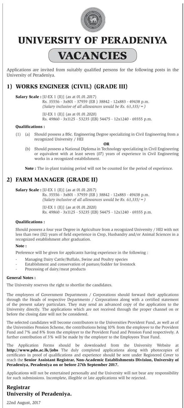 Works Engineer / Farm Manager – University of Peradeniya