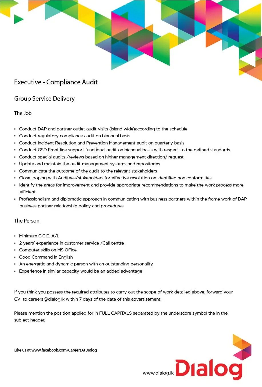 Executive Compliance Audit Vacancy at Dialog Axiata PLC