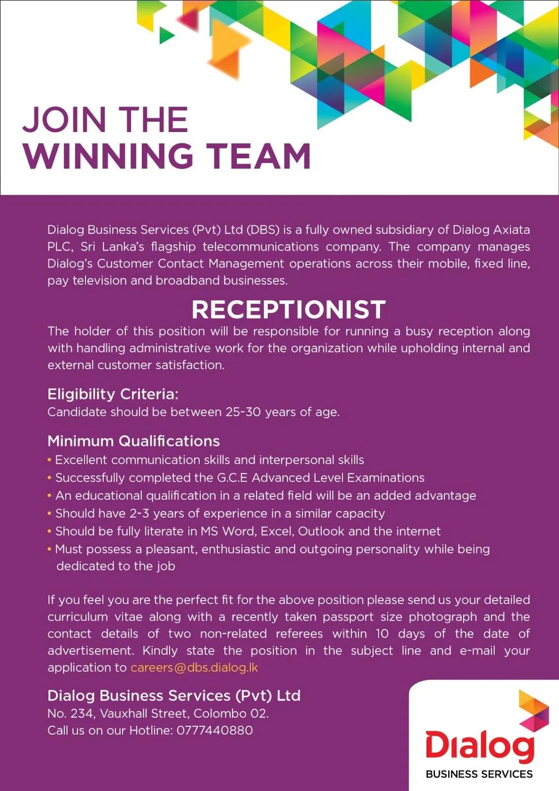 Receptionist of Dialog Business Solutions Vacancies in Dialog Axiata PLC