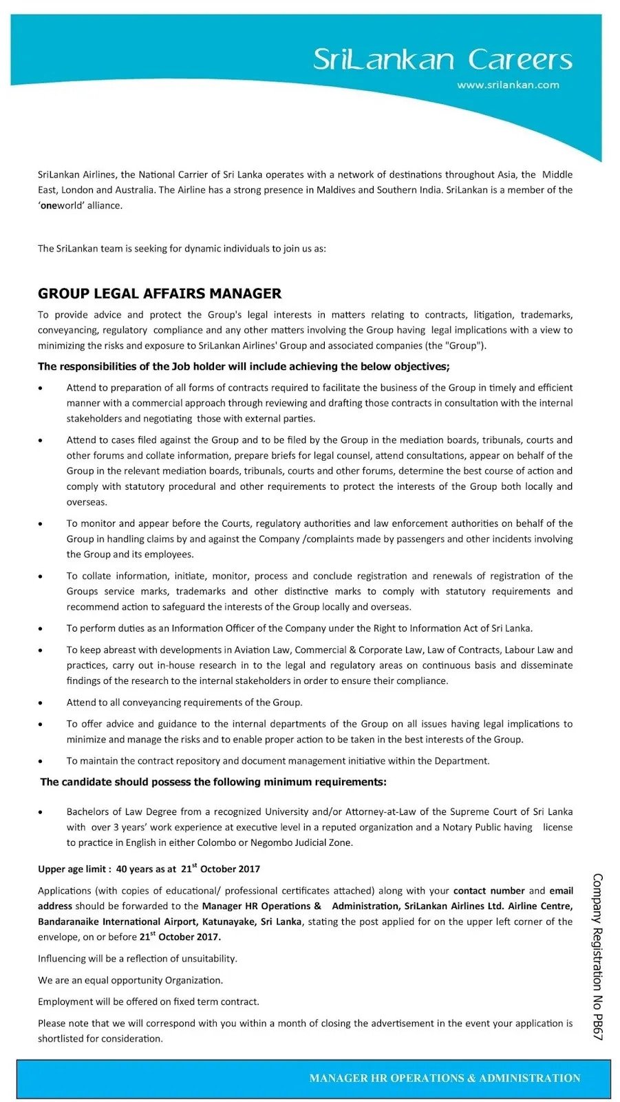 Group Legal Affairs Manager – SriLankan Airlines