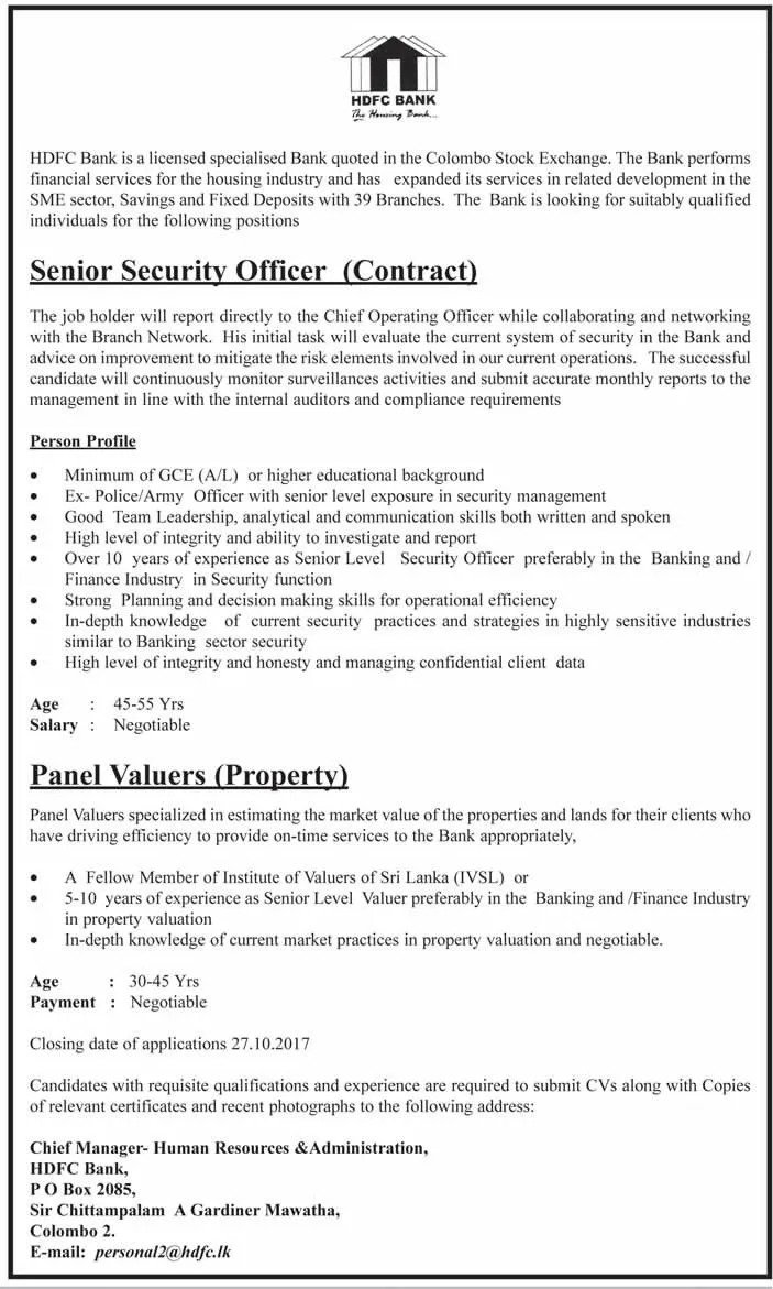 Senior Security Officer / Panel Valuers – HDFC Bank