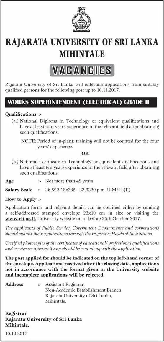 Works Superintendent (Electrical) – Rajarata University